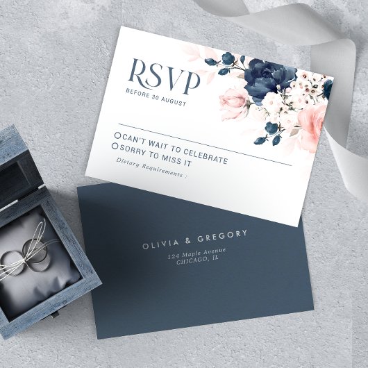 Navy Blue en Blush Pink Floral Bouquet Wedding RS RSVP Kaartje