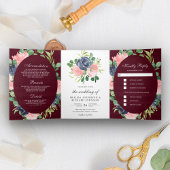 Navy Blue en Blush Pink Floral Burgundy Wedding Drieluik Uitnodiging