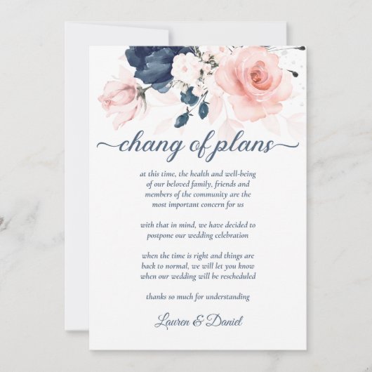 Navy Blue en Blush Pink Floral Chang of Plans Kaart (Voorkant)