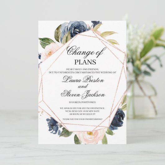 Navy Blue en Blush Pink Floral Change of Plans Kaart (Staand voorkant)
