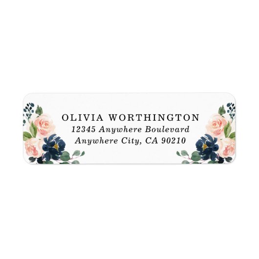 Navy Blue en Blush Pink Floral Country Weddenschap Etiket (Voorkant)