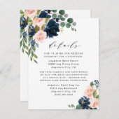 Navy Blue en Blush Pink Floral Country Weddenschap Informatiekaartje (Voorkant / Achterkant)