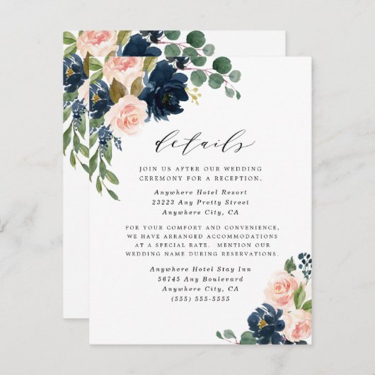 Navy Blue en Blush Pink Floral Country Weddenschap Informatiekaartje (Voorkant / Achterkant)