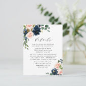 Navy Blue en Blush Pink Floral Country Weddenschap Informatiekaartje (Staand voorkant)