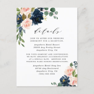Navy Blue en Blush Pink Floral Country Weddenschap Informatiekaartje