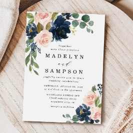Navy Blue en Blush Pink Floral Country Weddenschap Kaart
