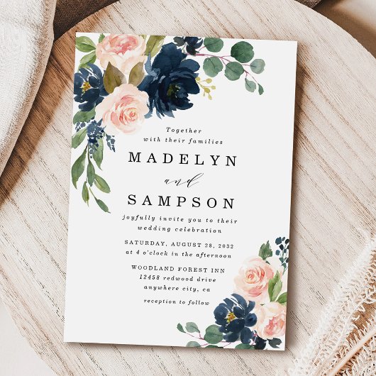 Navy Blue en Blush Pink Floral Country Weddenschap Kaart