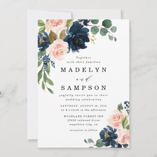 Navy Blue en Blush Pink Floral Country Weddenschap Kaart (Voorkant)