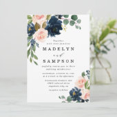 Navy Blue en Blush Pink Floral Country Weddenschap Kaart (Staand voorkant)