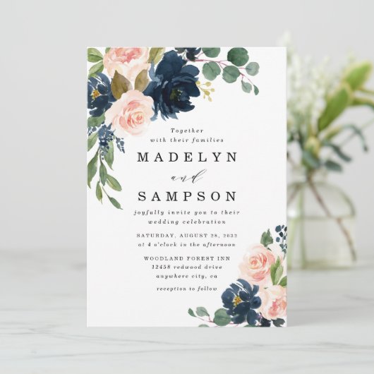 Navy Blue en Blush Pink Floral Country Weddenschap Kaart (Staand voorkant)
