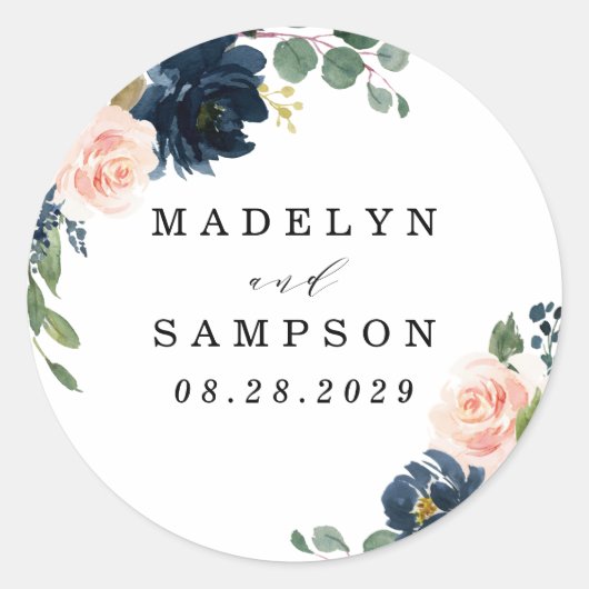 Navy Blue en Blush Pink Floral Country Weddenschap Ronde Sticker (Voorkant)