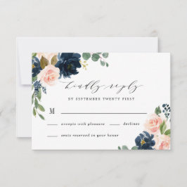 Navy Blue en Blush Pink Floral Country Weddenschap RSVP Kaartje