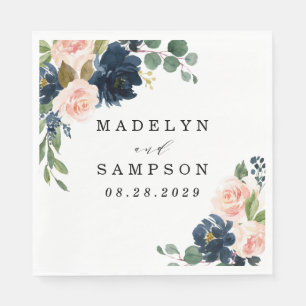 Navy Blue en Blush Pink Floral Country Weddenschap Servet