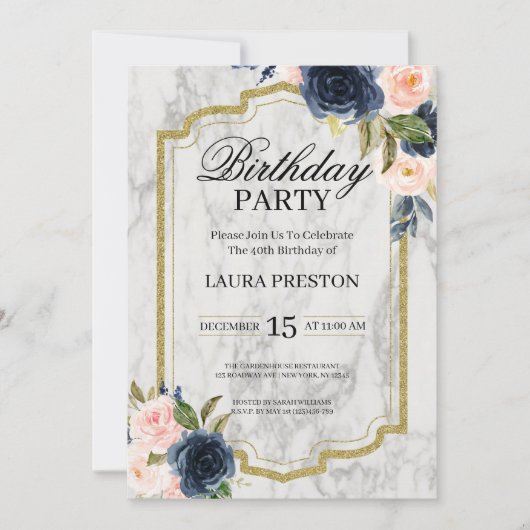 Navy Blue en Blush Pink Floral Marble Birthday Kaart (Voorkant)