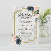 Navy Blue en Blush Pink Floral Marble Birthday Kaart (Staand voorkant)