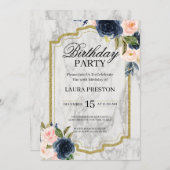 Navy Blue en Blush Pink Floral Marble Birthday Kaart (Voorkant / Achterkant)