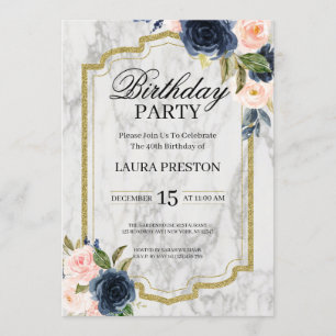 Navy Blue en Blush Pink Floral Marble Birthday Kaart