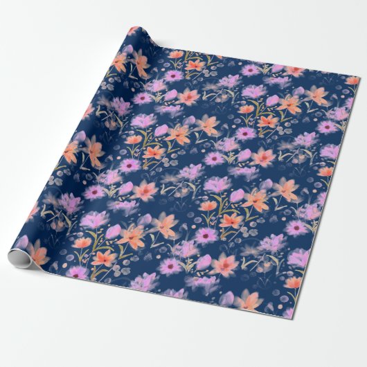 Navy Blue en Blush Pink  Floral Pattern Cadeaupapier (Uitgerold)