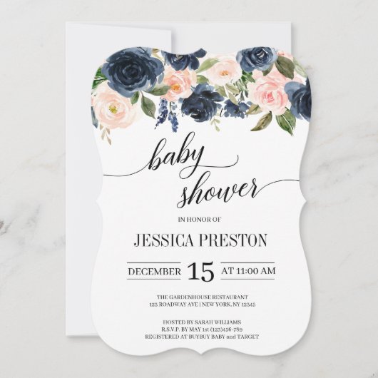 Navy Blue en Blush Pink Floral Script Baby shower Kaart (Voorkant)