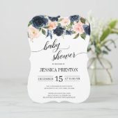 Navy Blue en Blush Pink Floral Script Baby shower Kaart (Staand voorkant)