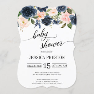 Navy Blue en Blush Pink Floral Script Baby shower Kaart