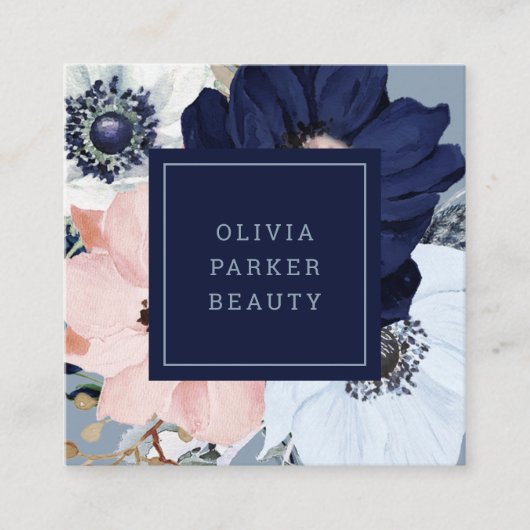 Navy Blue en Blush Pink Floral Vierkante Visitekaartje (Voorkant)