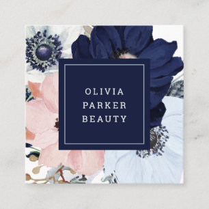 Navy Blue en Blush Pink Floral Vierkante Visitekaartje
