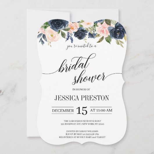 Navy Blue en Blush Pink Floral Vrijgezellenfeest Kaart (Voorkant)