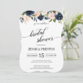 Navy Blue en Blush Pink Floral Vrijgezellenfeest Kaart (Staand voorkant)