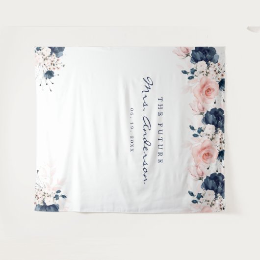 Navy Blue en Blush Pink Floral Vrijgezellenfeest Wandkleed (Voorkant (horizontaal))