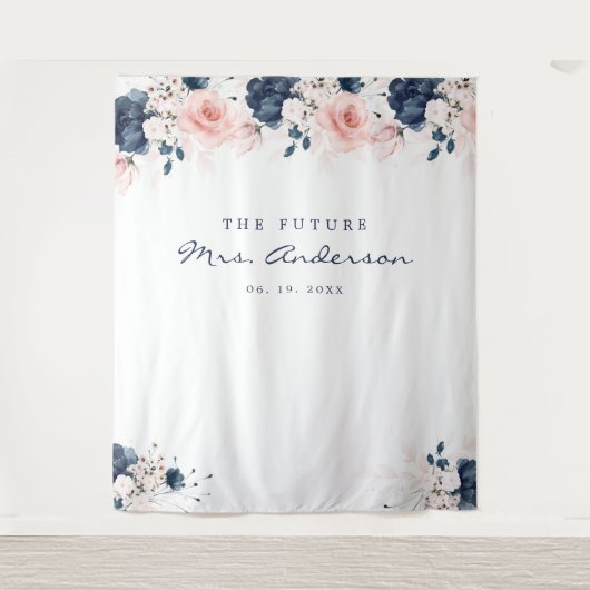 Navy Blue en Blush Pink Floral Vrijgezellenfeest Wandkleed (Voorkant)