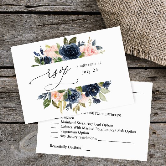 Navy Blue en Blush Pink Floral w Meal RSVP