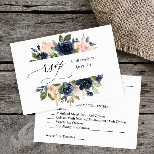 Navy Blue en Blush Pink Floral w Meal RSVP Kaartje