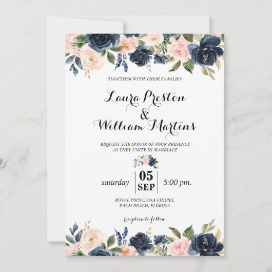 Navy Blue en Blush Pink Floral Waterverf Wedding Kaart (Voorkant)