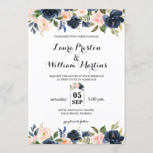 Navy Blue en Blush Pink Floral Waterverf Wedding Kaart