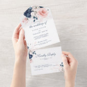 Navy Blue en Blush Pink floral Wedding All In One Uitnodiging (Afscheurbaar)