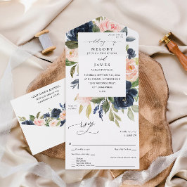 Navy Blue en Blush Pink Floral Wedding All In One Uitnodiging
