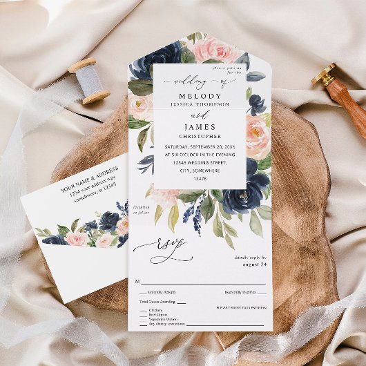 Navy Blue en Blush Pink Floral Wedding All In One Uitnodiging
