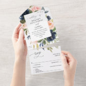 Navy Blue en Blush Pink Floral Wedding All In One Uitnodiging (Afscheurbaar)