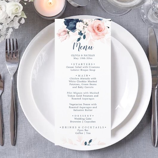Navy Blue en Blush Pink Floral Wedding Dinner Menu