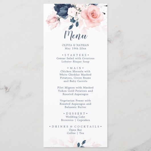 Navy Blue en Blush Pink Floral Wedding Dinner Menu (Voorkant)