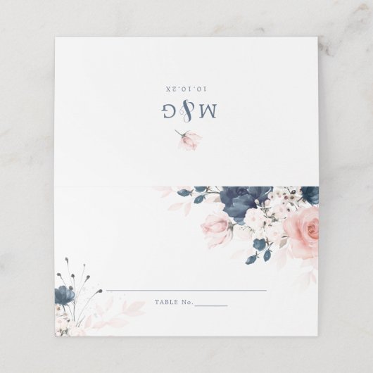 Navy Blue en Blush Pink Floral Wedding Folded Plaatskaartje (Buitenkant ongevouwen)