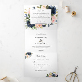 Navy Blue en Blush Pink Floral Wedding Foto Drieluik Uitnodiging