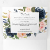 Navy Blue en Blush Pink Floral Wedding Foto Drieluik Uitnodiging (Binnenzijde eerst)