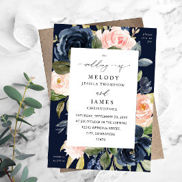 Navy Blue en Blush Pink Floral Wedding Herfst Kaart