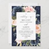Navy Blue en Blush Pink Floral Wedding Herfst Kaart (Voorkant)