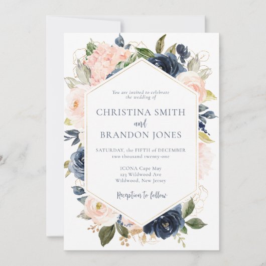 Navy Blue en Blush Pink Floral Wedding Invitation Kaart (Voorkant)