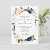 Navy Blue en Blush Pink Floral Wedding Invitation Kaart (Staand voorkant)