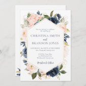 Navy Blue en Blush Pink Floral Wedding Invitation Kaart (Voorkant / Achterkant)