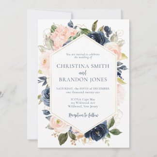 Navy Blue en Blush Pink Floral Wedding Invitation Kaart